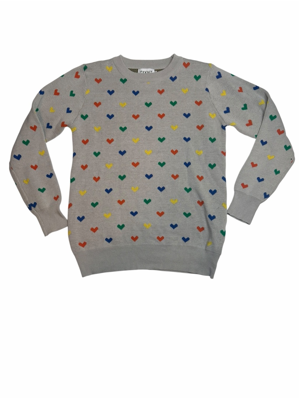 OXKNIT Gray Rainbow Heart Sweater Medium Retro Knit Crewneck 100% Cotton Yarn